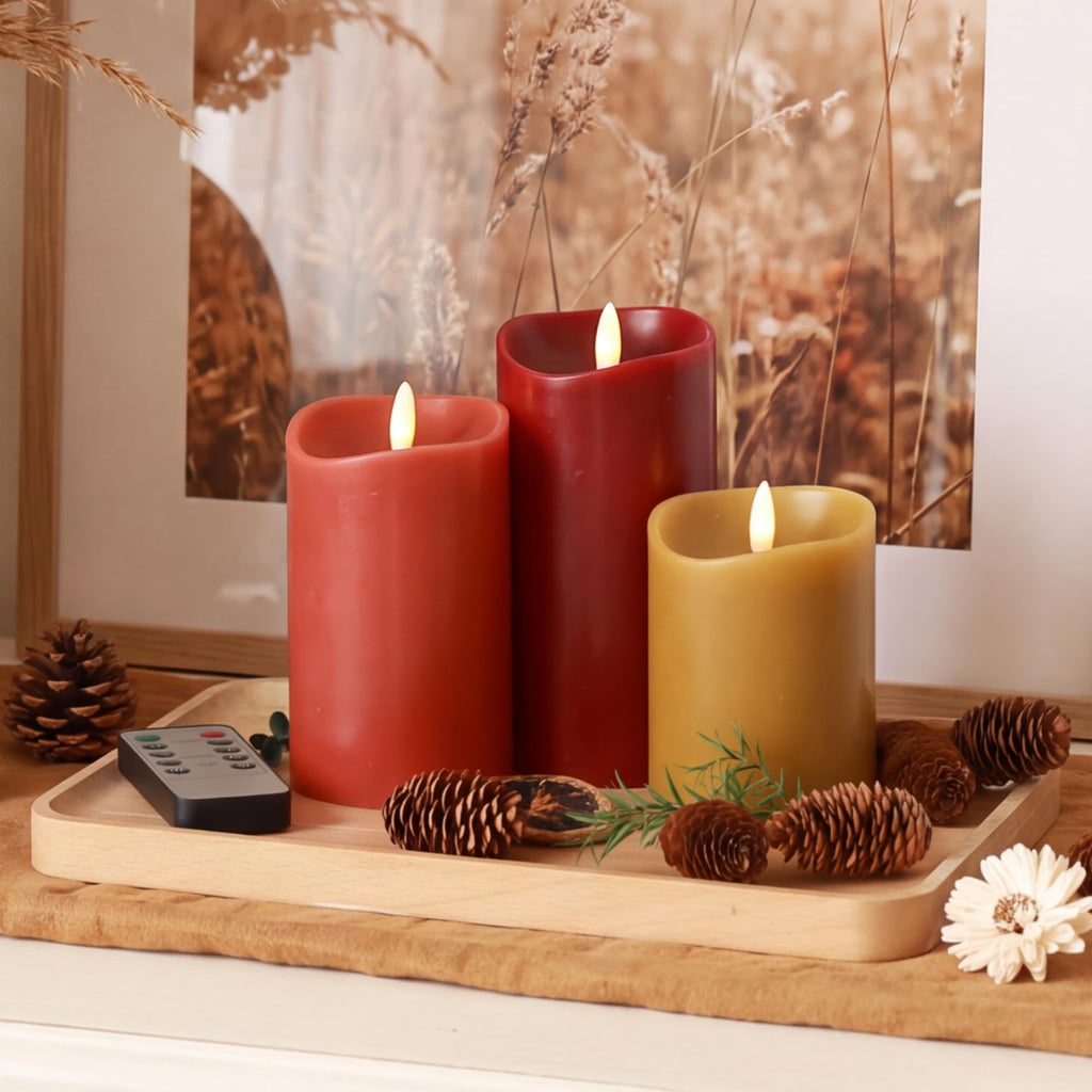 Fall Flameless Pillar Candles with Remote, Real Wax LED Candles, Set of 3