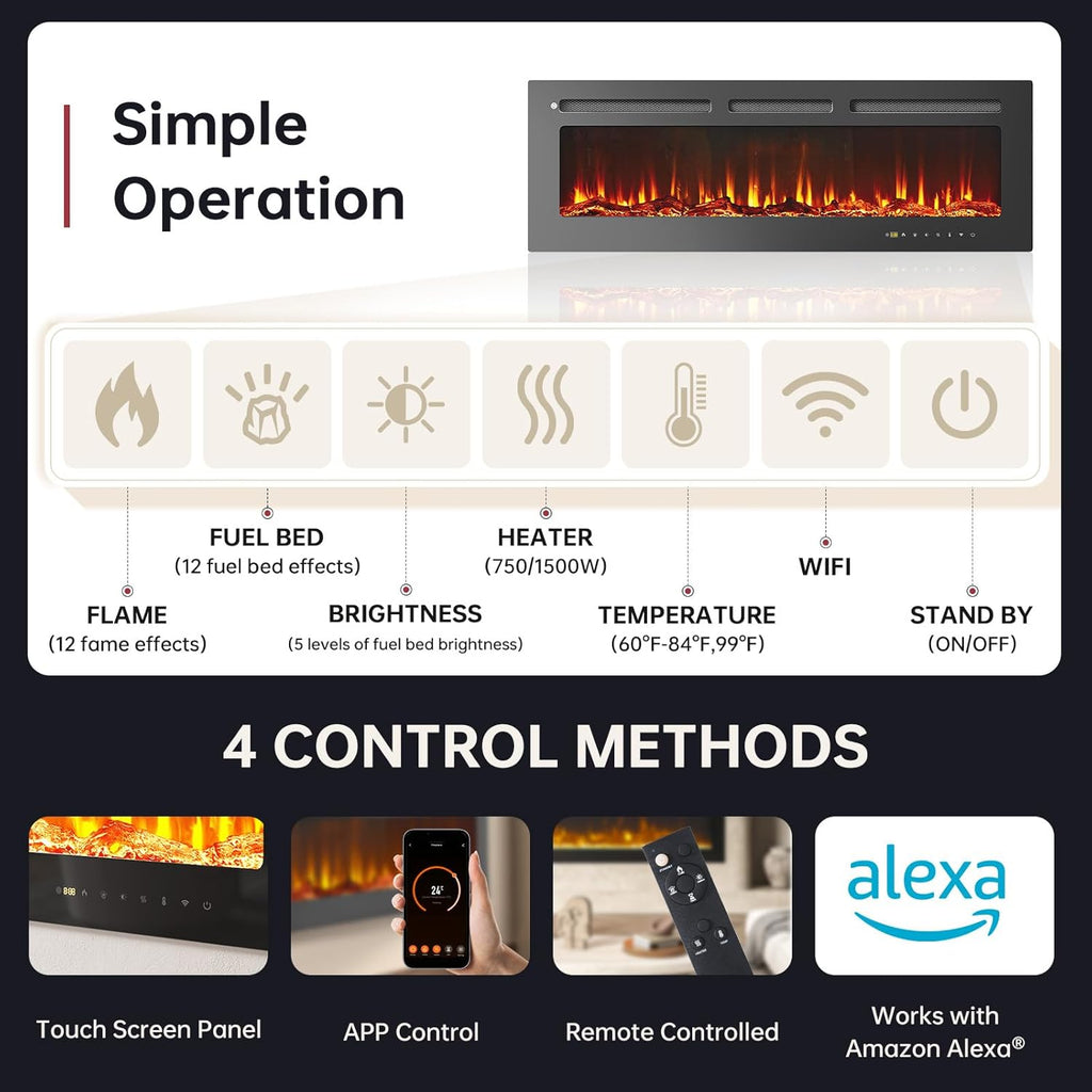 50” Smart Electric Fireplace Heater, Compatible with Alexa & Google Home, Wall Mount