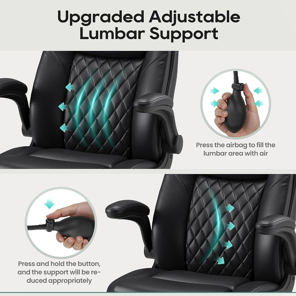 Leather, Computer Desk Chair with Adjustable Lumbar Support, Thick Cushion, Flip-Up Arms and Ergonomic Back, Comfy