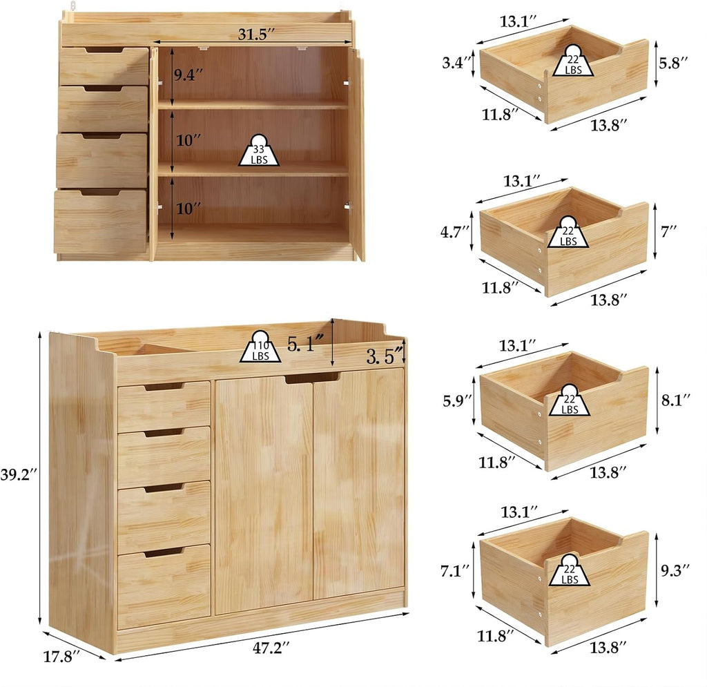 47.2" Solid Wood Baby Changing Table Dresser, Natural | 4 Drawers and 2 Doors, Changing Table Top, Safety Guardrails