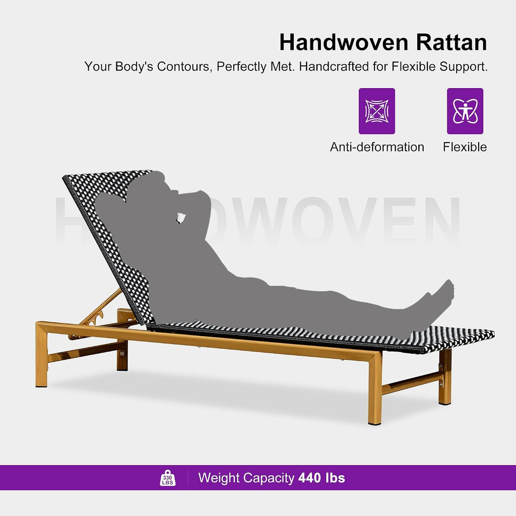 1 Piece French Patio Chaise Lounge Rattan Teak Frame, Black | Weatherproof Handwoven Wicker, Aluminum Frame, 5