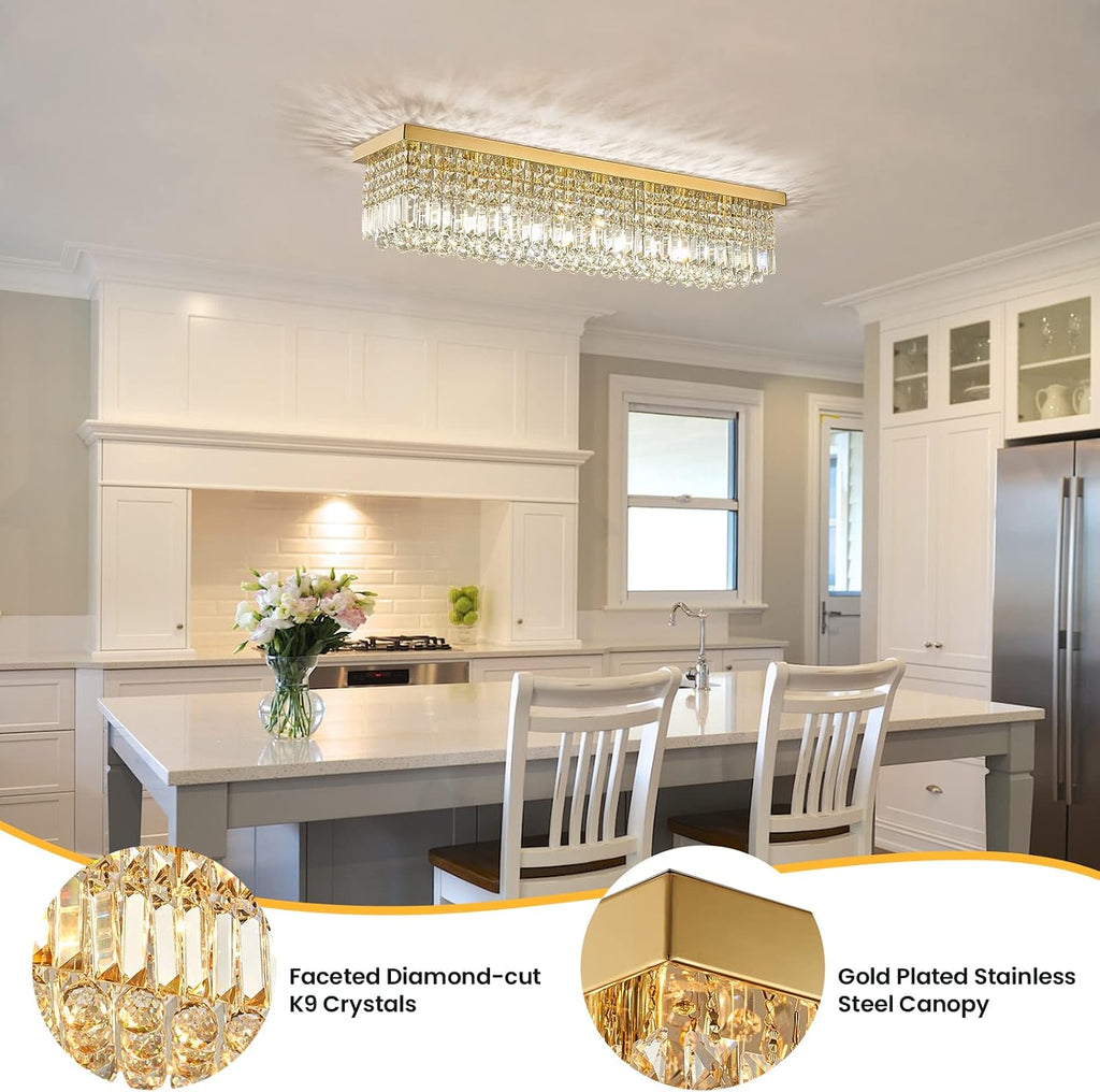 Rectangular Gold Crystal Chandelier, 8-Light Modern Dimmable K9 Crystal Raindrop Chandelier, Luxury Rectangle Flush