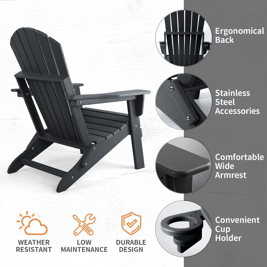 Folding Adirondack Chair Set of 4, Fire Pit Chairs with Cup Holder | HDPE All Weather, Quick-Folding, No Rot or Rust