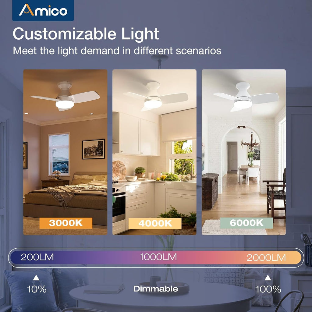 Ceiling Fans with Lights, 30 inch Low Profile Ceiling Fan with Light and Remote Control, Flush Mount, Reversible, 3CCT, Dimmable, Noiseless, White Ceiling Fan for Bedroom, Indoor/Outdoor Use