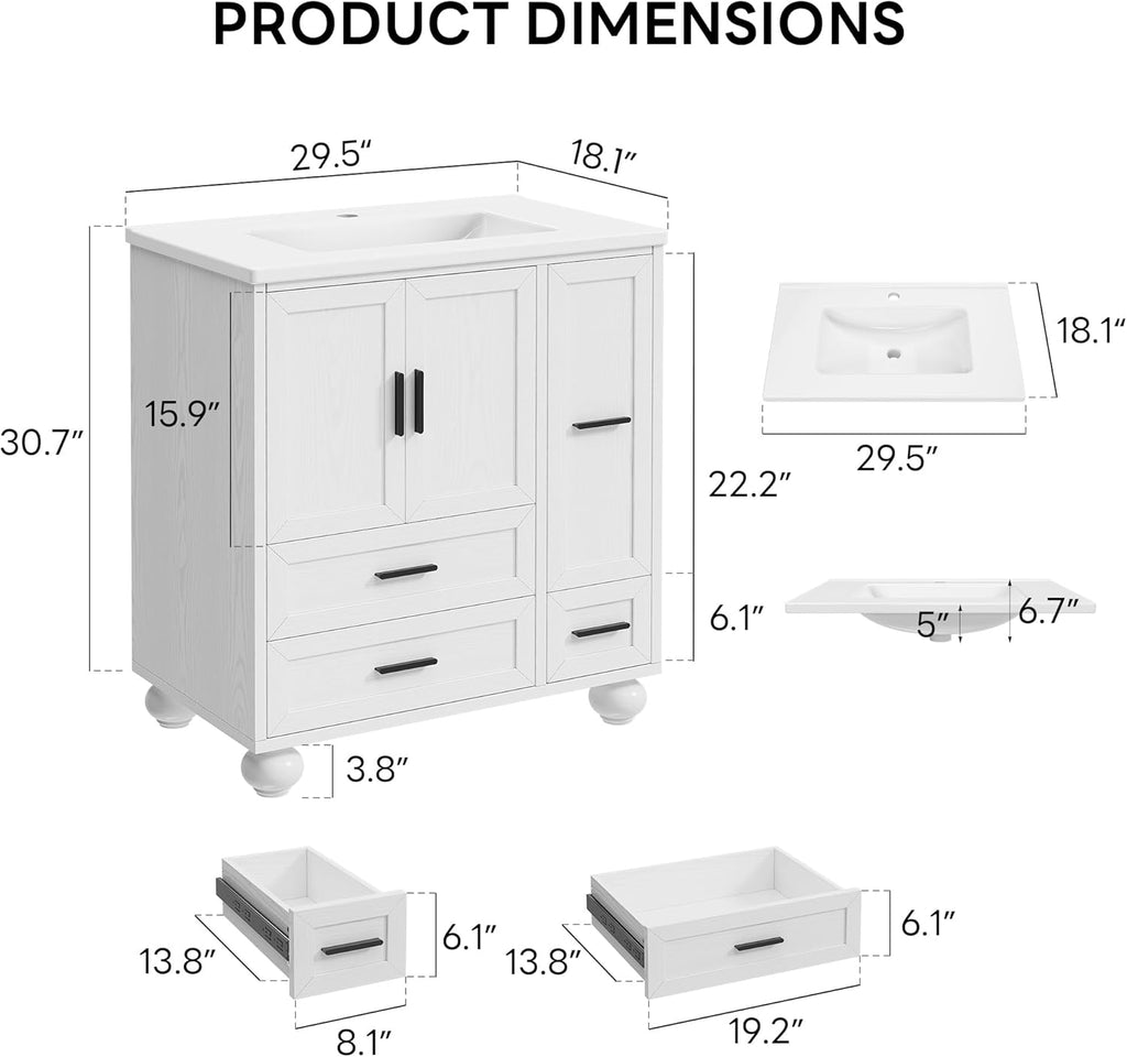 29.5" Bathroom Vanity with Sink & Hair Tool Drawer - Freestanding Cabinet with 4 Drawers & 2 Doors