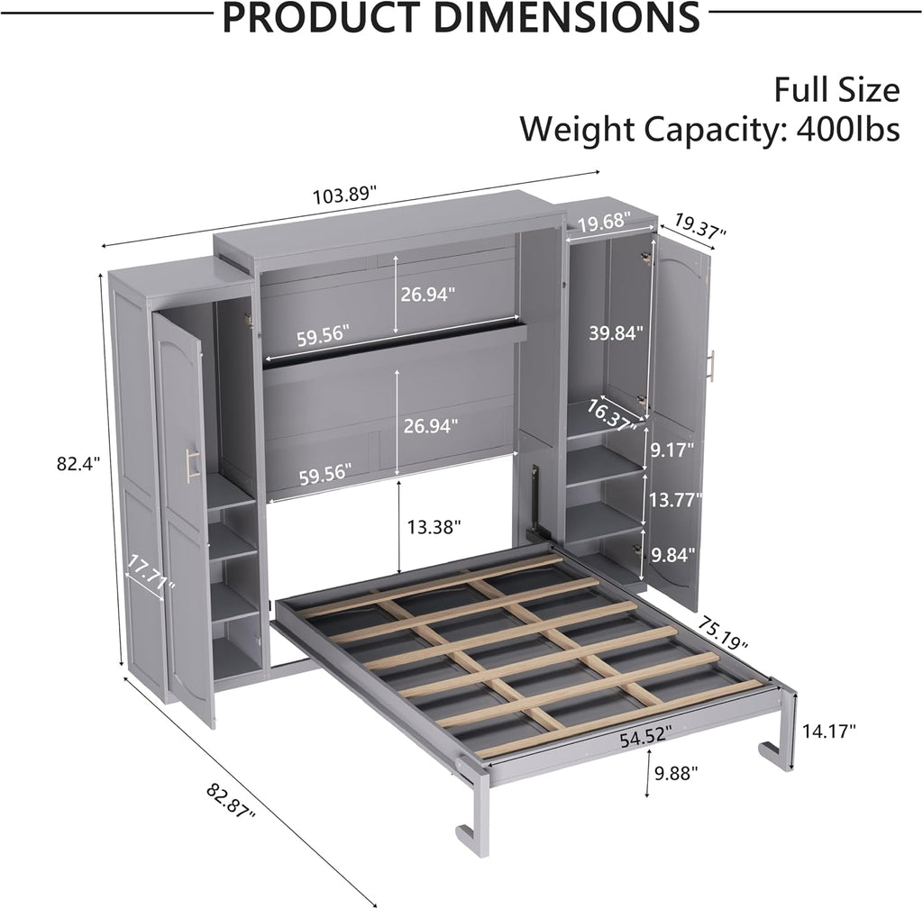 Full Vertical Murphy Bed with Wardrobe,Cabinet,and Storage Shelves,Wood Foldable Hidden Murphy Wall Bed for Adults