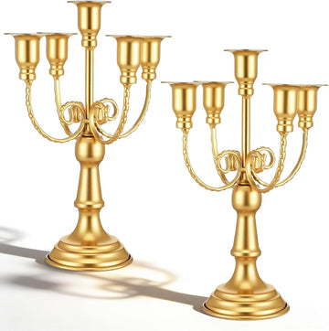 Set of 2 Gold Candelabra Centerpieces - 5 Arm 10" Iron Candle Holders for Taper Candles, Vintage Metal Candlestick
