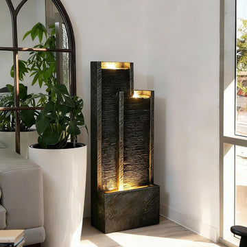 Modern Tiered Waterfall Fountain with Lights - Indoor Rectangular Water Feature - 35.4"H Waterfall Fountains Decor