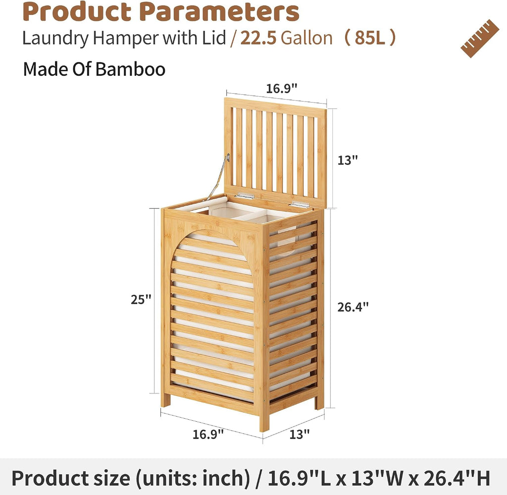 Laundry Hamper with Lid (16.9 * 13 * 26.5inches) Large Bamboo Laundry Bin Basket 85L Clothes Hamper with 1 Removable