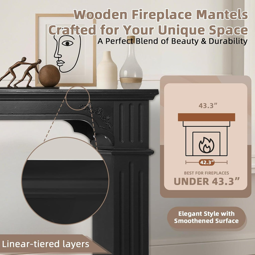 Modern Black Freestanding Surround - Waterproof, Anti-Tipping Premium MDF Mantel with Leg for Living Room Decor