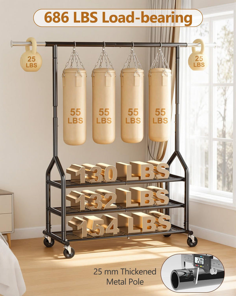Heavy Duty Clothing Rack, Rolling Clothes Rack with 3 Shelves, Black