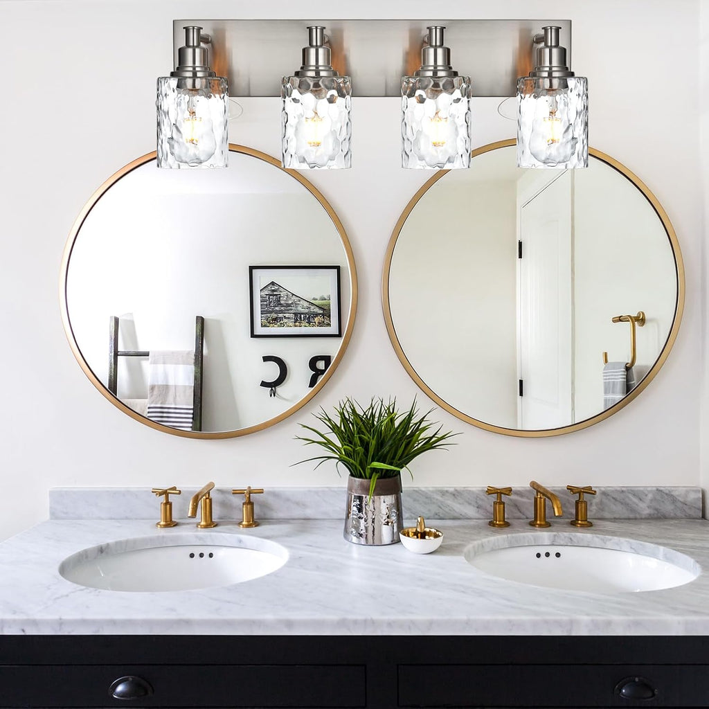 4-Light Bathroom Vanity Light Fixture Brushed Nickel Industrial Wall Sconce Lighting with Hammered Glass Shade