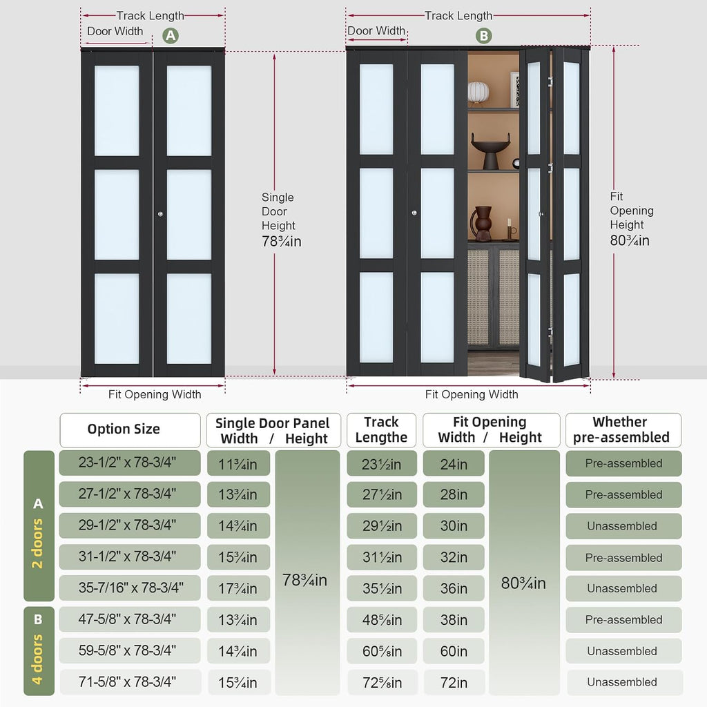 Bifold Closet Doors,Folding Door for 30" x 80" Opening,3-Lite Tempered Frosted Glass,Black Interior Bi-fold Barn Door