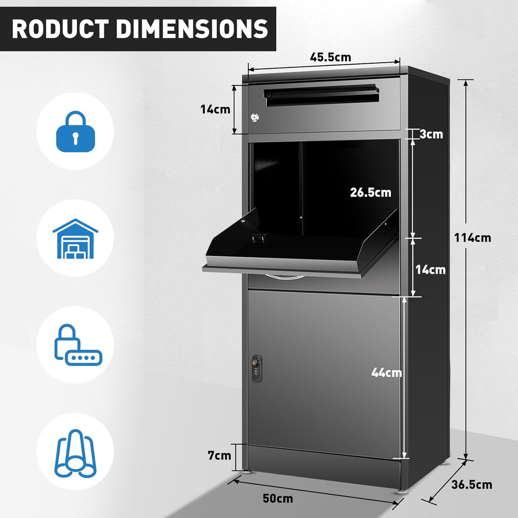45" Package Delivery Box - Lockable Black Metal Parcel Drop Box, Anti-Theft, IPX4 Waterproof