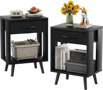 24" H Nightstands Set of 2 with Fabric Drawer, Black | Open Wood Shelf, Side Table with Storage , Spacious 15.7"L x