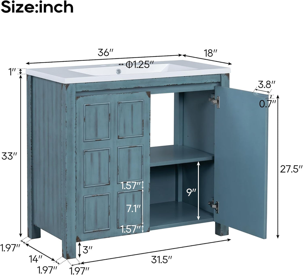 36" Bathroom Vanity with Square White Ceramic Sink Top and Soft Closing Door, Combo Stand Storage Cabinet, Retro Blue