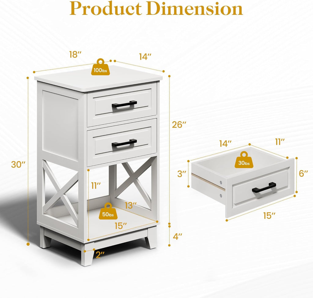 Nightstand Set of 2, 30" Tall Side Table with 2 Drawers and Open Shelf, Bedside Table with Solid Feet, Modern Night