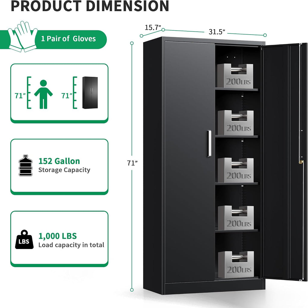 Metal Storage Cabinet with Locking Doors, 71" Tall Steel Locker Organizer with Adjustable Shelves, Garage Utility