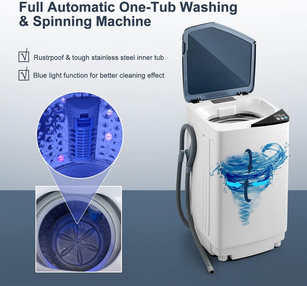 Portable Washing Machine, 7.7lbs Capacity Compact Laundry Washer and Spin Combo with 6 Programs, Built-in Barrel Light