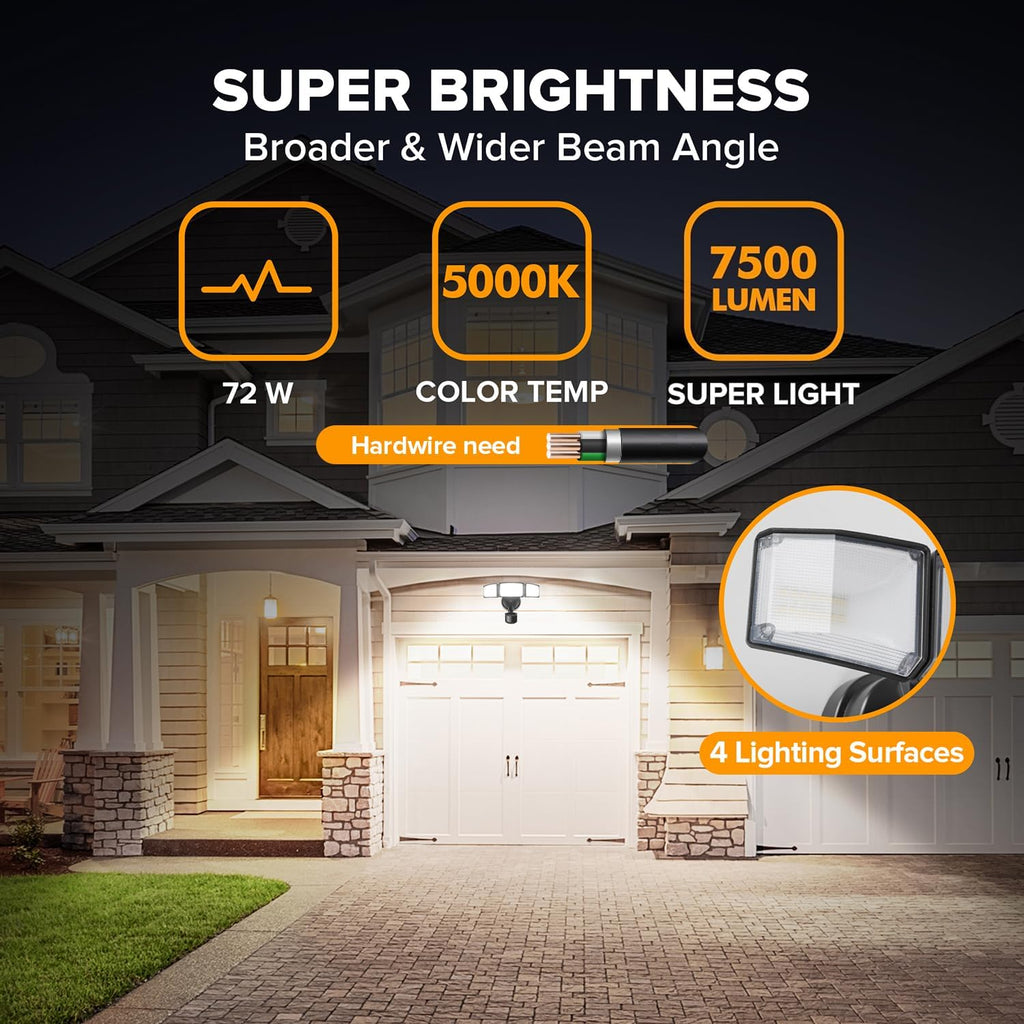 72W 7500LM LED Security Lights Motion Sensor Light Outdoor, 5000K Daylight, IP65 Waterproof, Dusk to Dawn, 3-Head