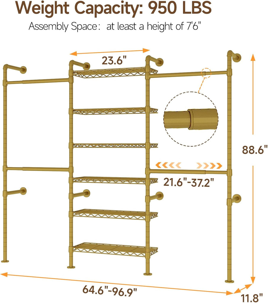 H3 Expandable Wall Mounted Closet System, 5.4FT-8.1FT Closet Organizer with 4 Telescopic Rods & 6 Wire Shelves