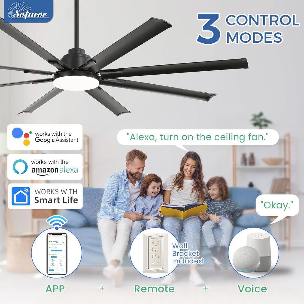 84 Inch Smart Ceiling Fan with Light, 8 Aluminum Blades Outdoor Black Ceiling Fan, Work with App/Alexa/Google