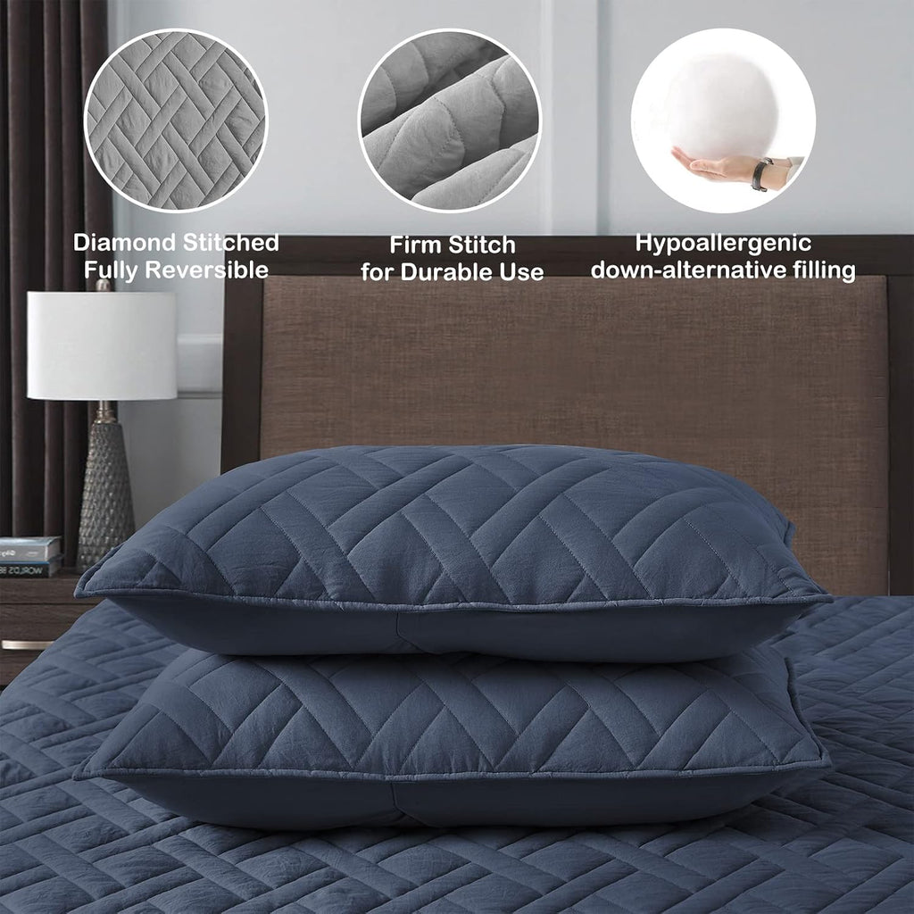 Quilt Set Navy Blue, Classic Geometric Diamond Stitched Pattern, Ultra Soft Microfiber Lightweight Bedding
