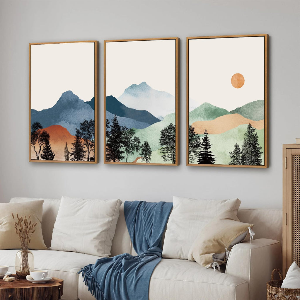 Boho Mountain Framed Canvas Wall Art Set of 3, Watercolor Nature Landscape Art Prints, Modern Sunrise Art Paintings