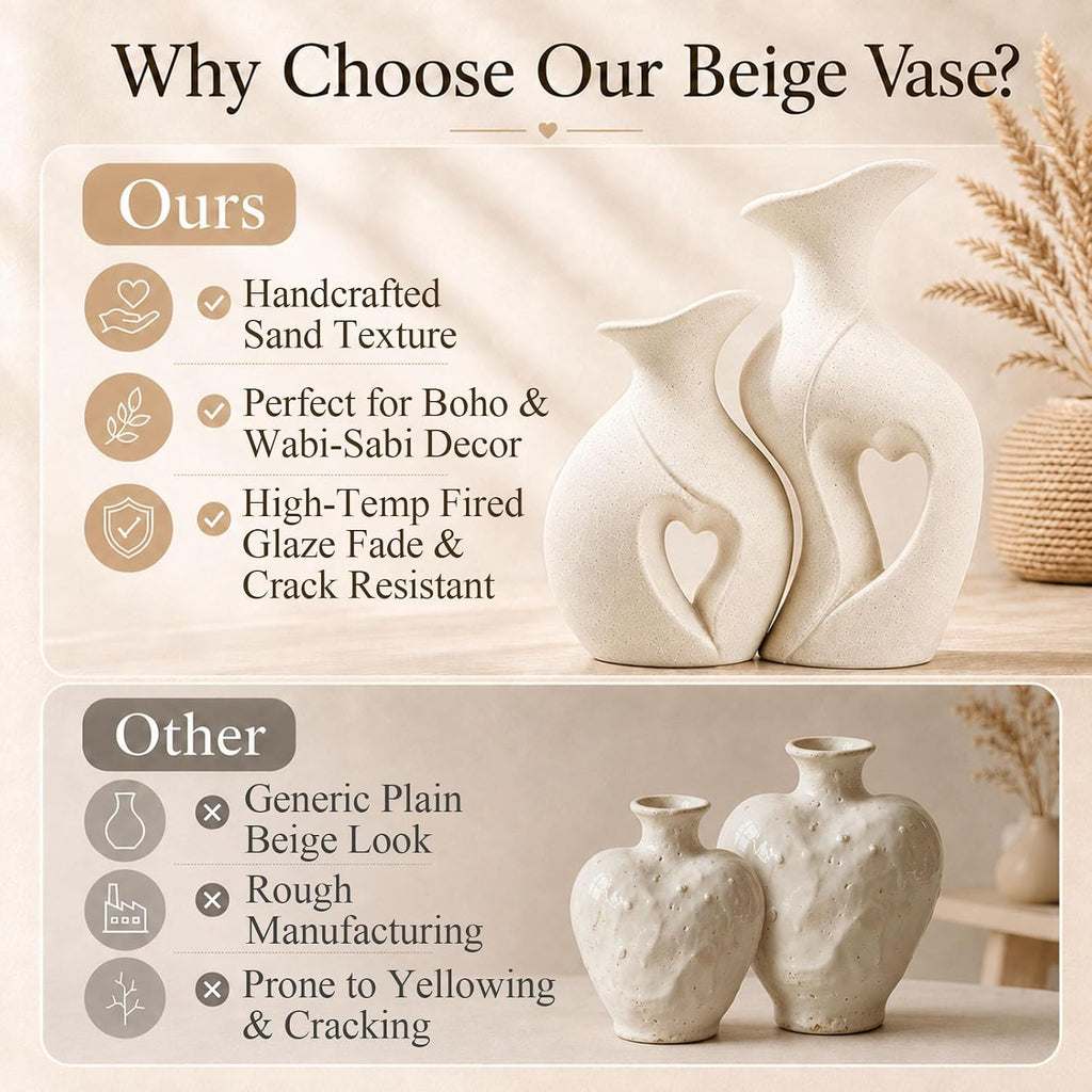 Heart Shaped Flower Vase Set of 2 Boho Modern Ceramic Vase (Cream) | Coffee Table Vase, Couples Wedding Gifts