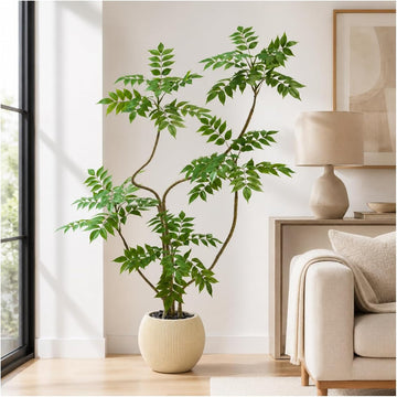 Artificial Sumac Tree:5FT Faux Mahonia Fortunei Tree Realistic Fake Floor Plant Silk Leaves & Elegant Branches in Pot