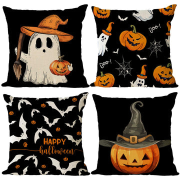 Set of 4 Halloween Pillow Covers 16x16 Inch Cute Ghost Pumpkin Decor Throw Pillow Covers Black Plaid Happy Halloween
