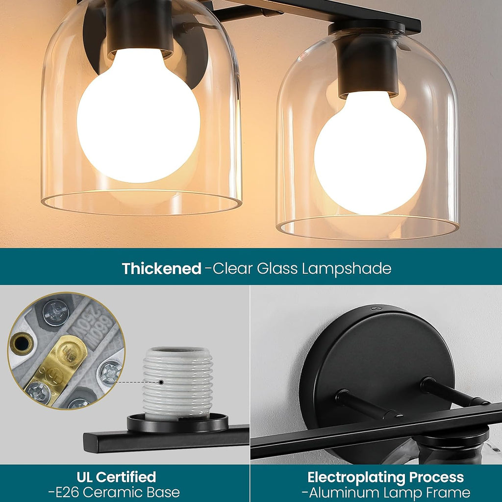 Bathroom Vanity Light Fixtures: 14.2 Inch Modern Black Vanity Lighting Fixtures Over Mirror with Clear Glass Shade