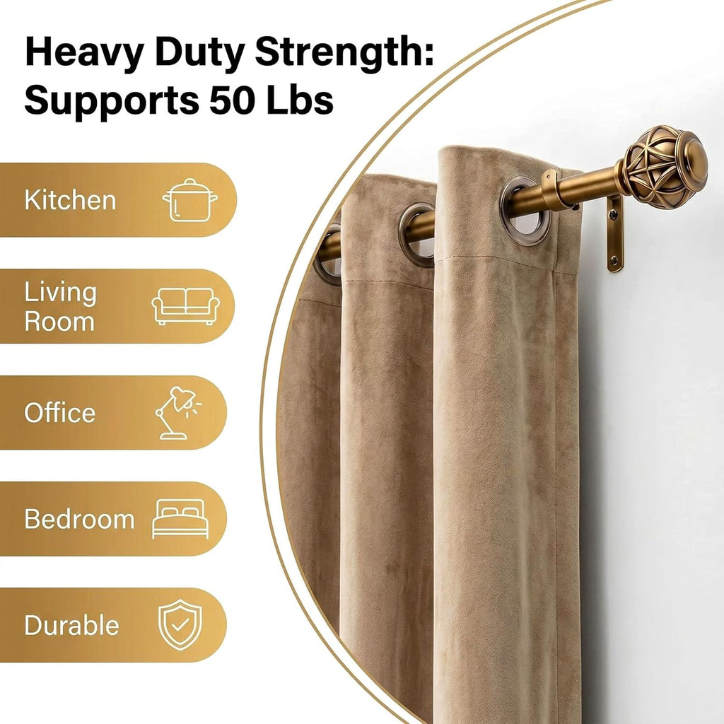 Antique Brass Curtain Rods for Windows, Adjustable Decorative Drapery Rods, Heavy Duty Curtain Rod
