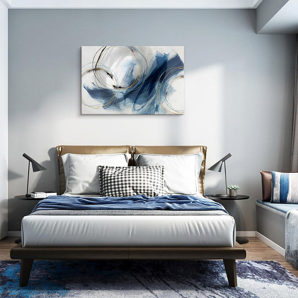 Indigo Blue and Gold Wall Decor Abstract Wall Art Paintings Gray Canvas Pictures Fantasy Graffiti Framed Artwork