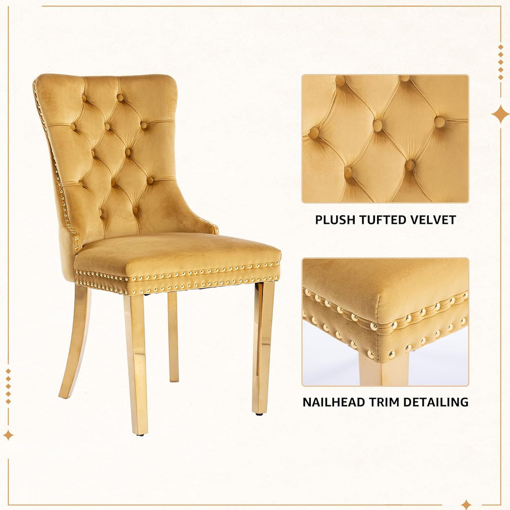 Velvet Dining Chair Set of 2, Tufted Upholstered High Wingback Chairs with Nailhead Trim, Pull Ring Back, Gold