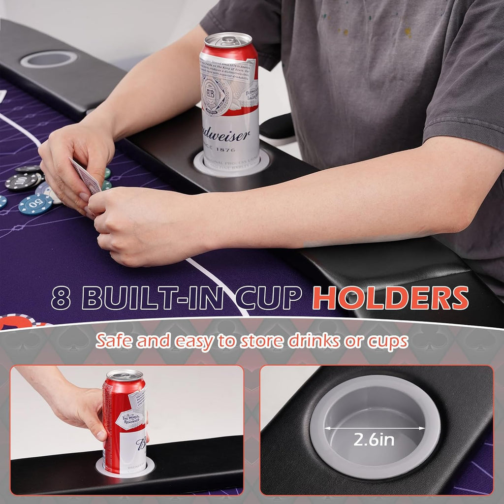 71" LED Poker Table - 8 Player Foldable Texas Hold'em Table with Built-in LED Lights, Padded Rails & 8 Cup Holders