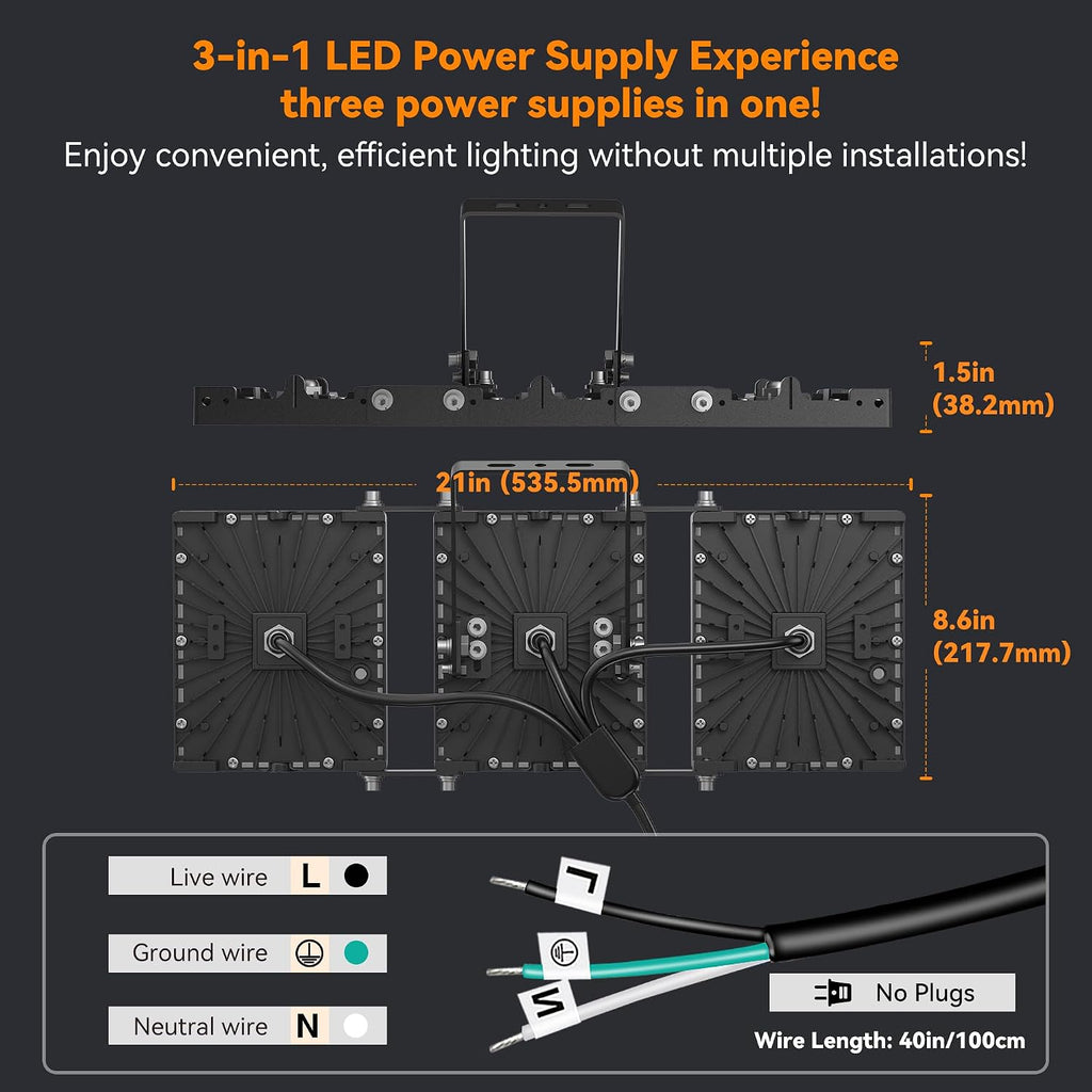 300W LED Outdoor Flood Light, 30000LM Super Bright Stadium Light, 6000K Daylight White, IP66 Waterproof 3 Heads