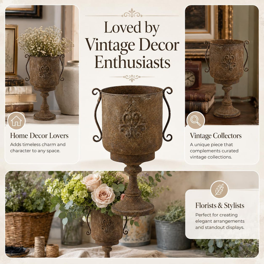Vintage Tall Urn Planter with Embossed Pattern & Handles, 26 Inch Distressed Rust Iron Decorative Pot, Rustic