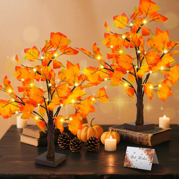 Fall Decor 2 Pack Fall Trees Artificial Lighted Maple Tree Thanksgiving Decor 48 LED Table Fall Lights Up Tree
