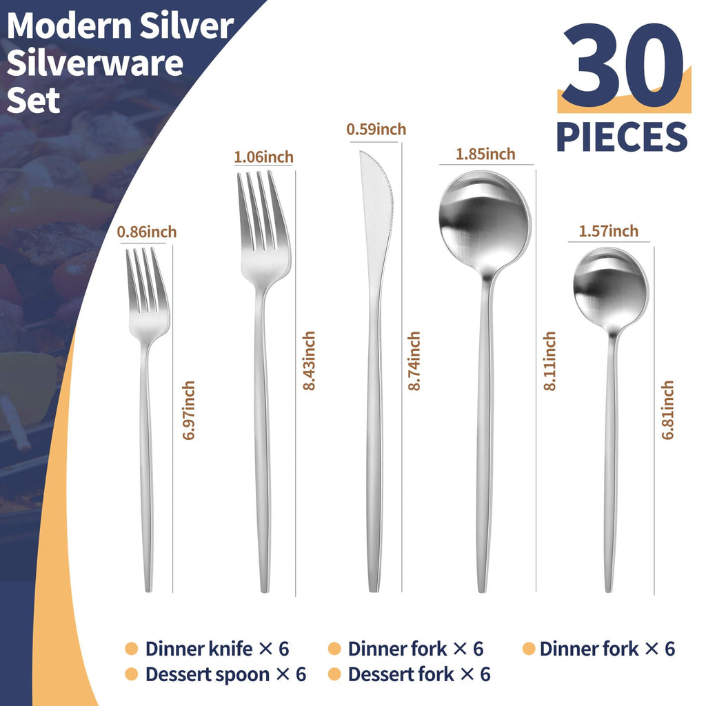 Matte Silverware Set, 30 Piece Stainless Steel Modern Flatware, Brushed Cutlery Service for 6, Satin Finish Utensils