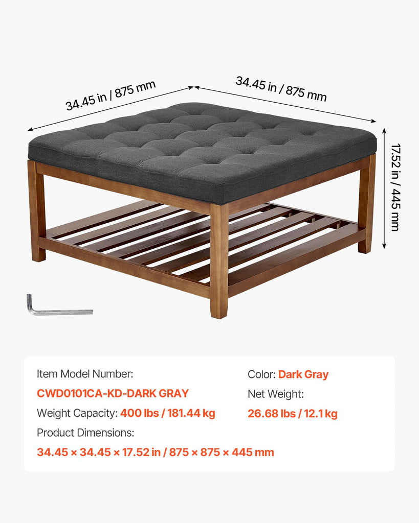 Large Square Ottoman Coffee Table, 34.5 Inch Tufted Coffee Table with Solid Wood Shelf Storage, Linen Solid