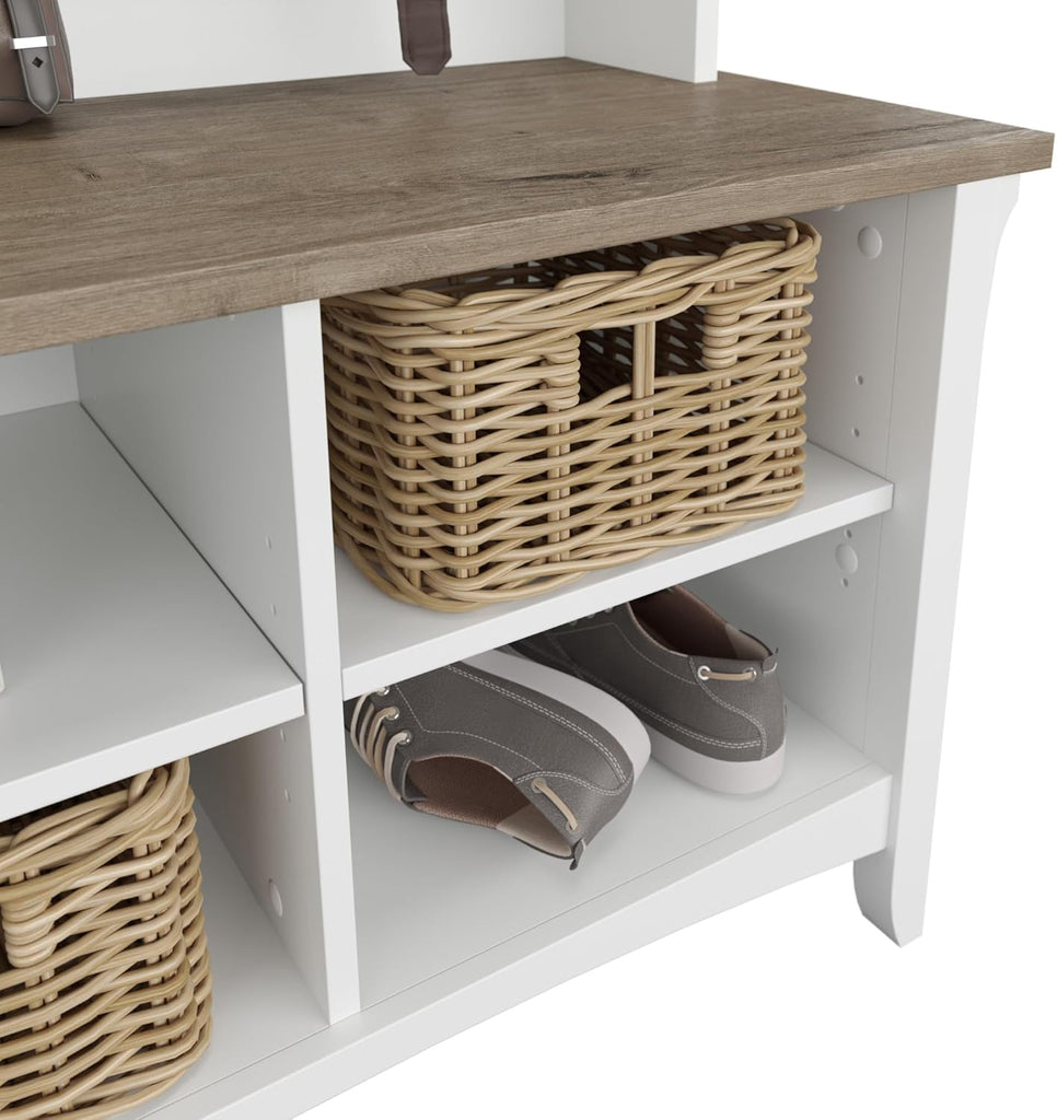 Salinas Hall Tree with Shoe Storage Bench in Shiplap Gray and Pure White, Multi-Purpose Home Organizer, Entryway