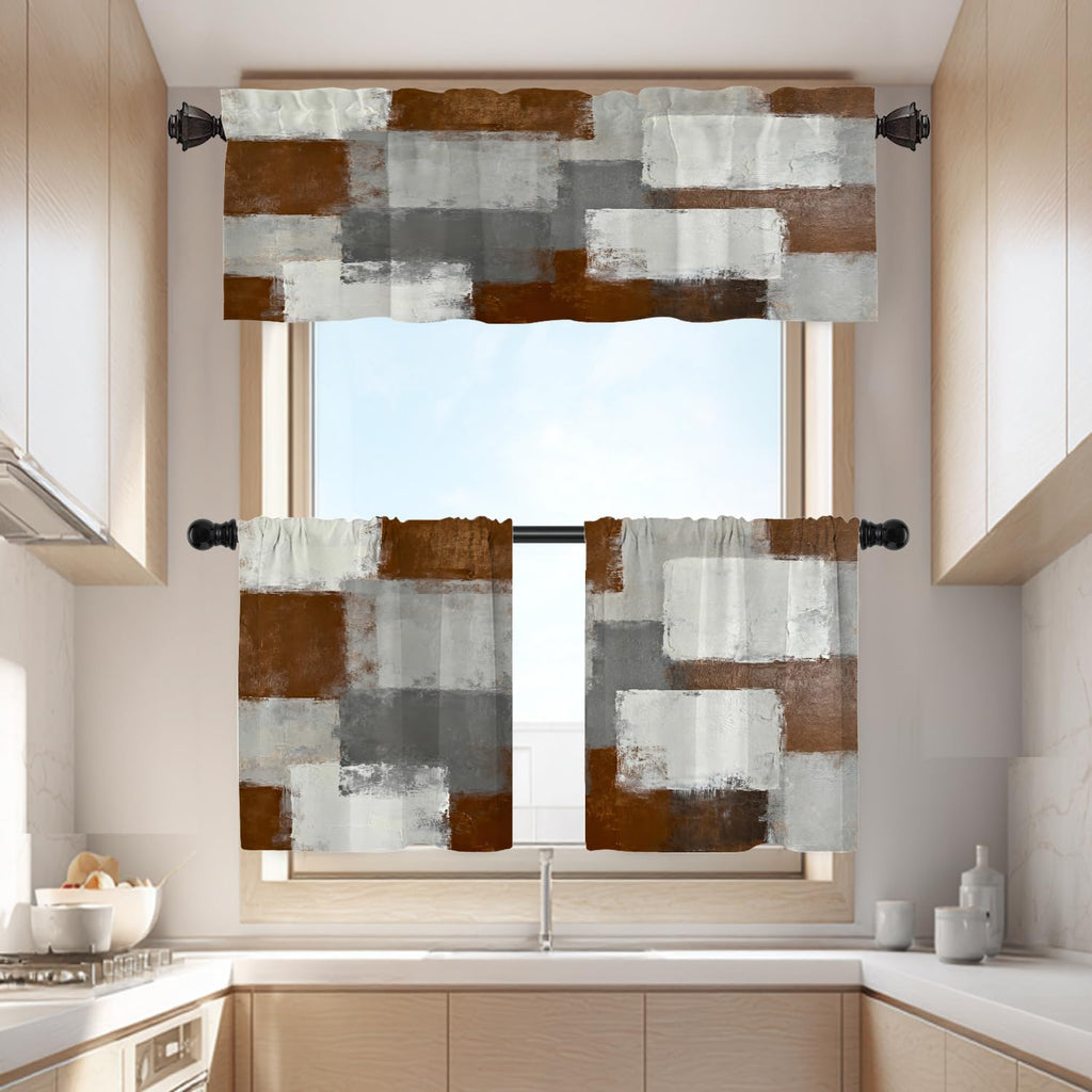 Umber Abstract Brush Painting Valance Curtains, Green Modern Window Treatment Kitchen Valances Multilayer Polyester
