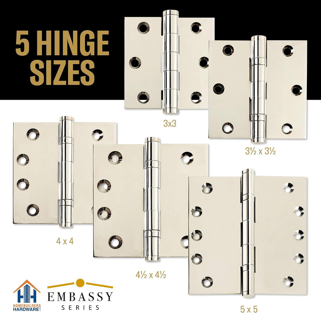 Door Hinge Solid Brass - 3.5 x 3.5 Inch, Heavy Duty, Polished Nickel, Ball Bearings, Rust Resistant Pin