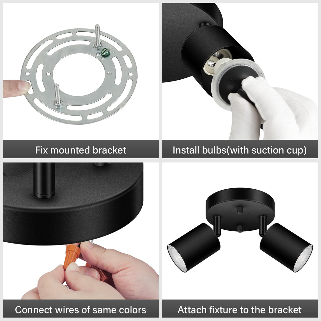 2 Light Track Lighting Fixtures Ceiling, Matte Black Round Directional Ceiling Spotlight, GU10 Flush Mount Track