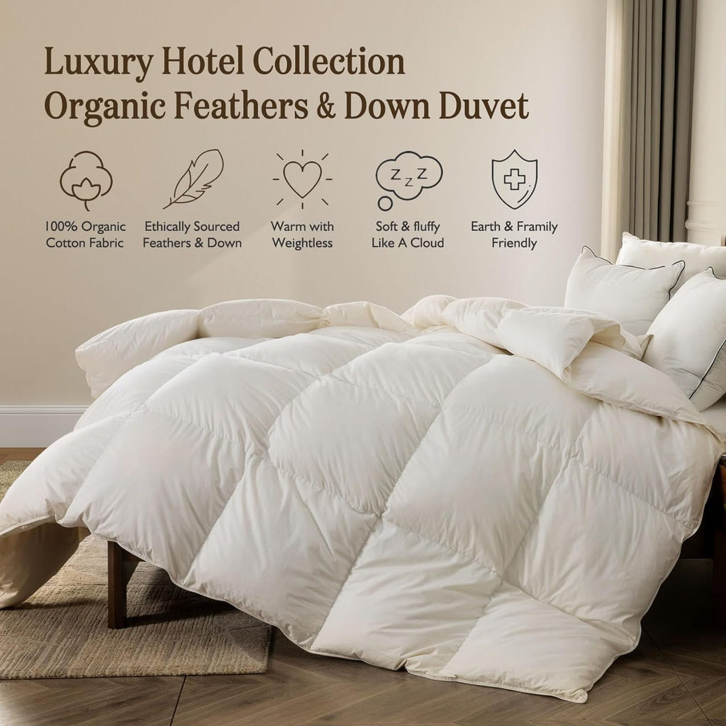 BPC Organic Feather Down Comforter Twin, Hotel-Luxury Fluffy Duvet Insert with 100% Cotton Cover and Puffy Feather