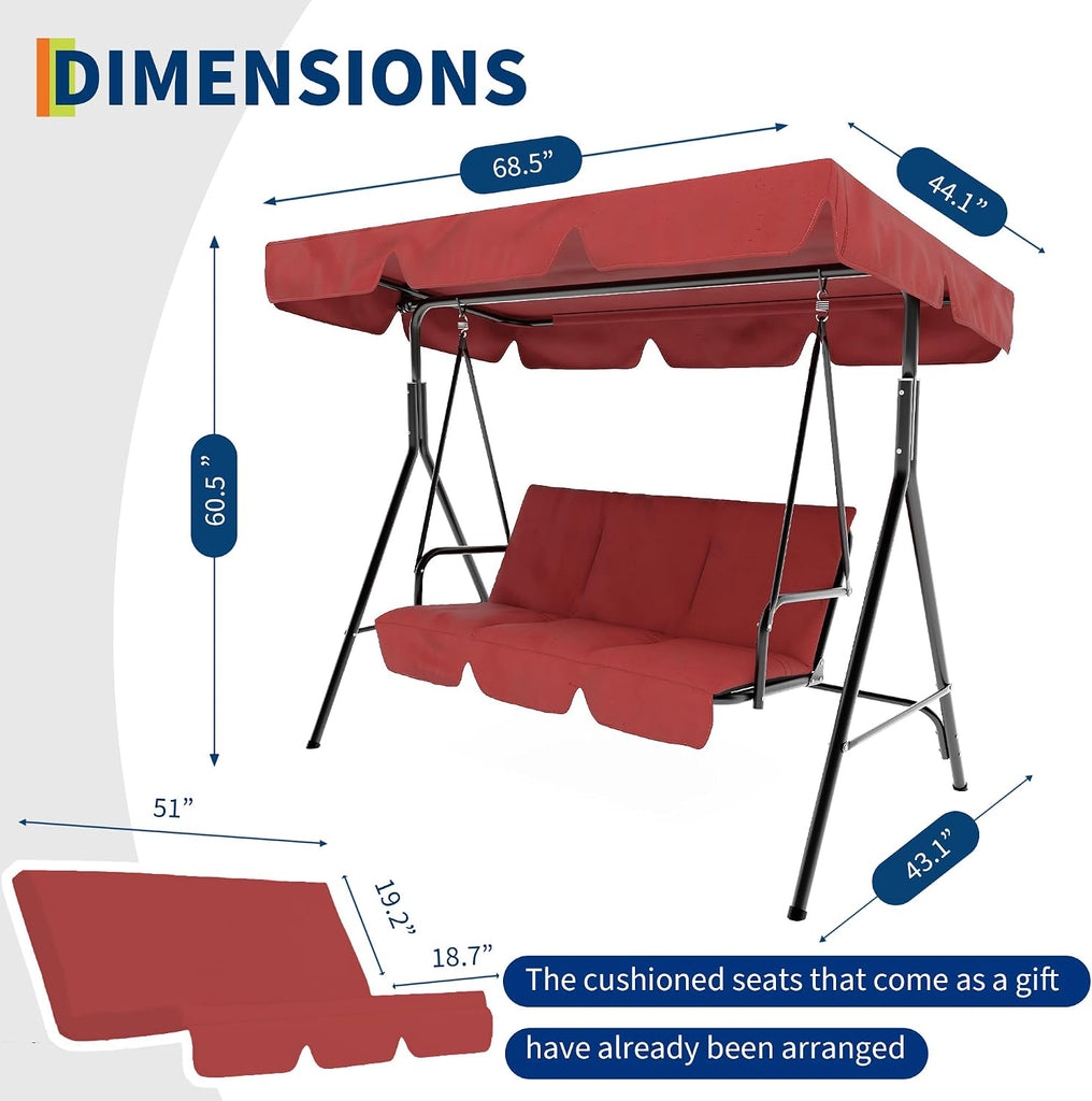 Outdoor Swing Chair with Adjustable Canopy, 3-Person Outdoor Patio Swing Chair with Adjustable Tilt Shade, Porch