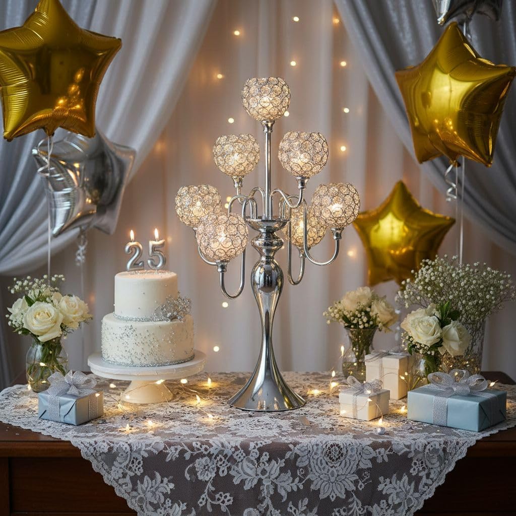 Silver Candelabra for Table Centerpiece with Crystal, 7 Arms 27.1 inch Tall Candle Holders with Globes, Dining Table