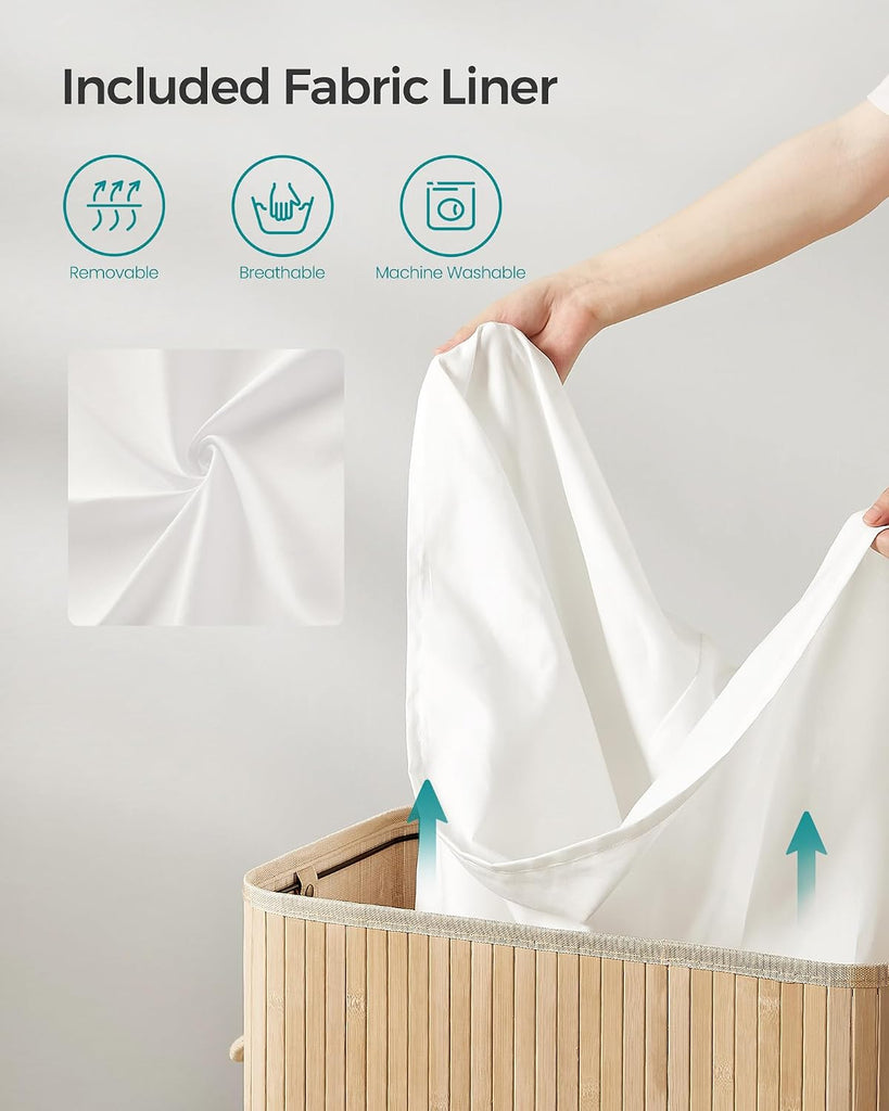Laundry Hamper with Lid, Bamboo Laundry Basket, Removable Machine Washable Laundry Basket, with Handles