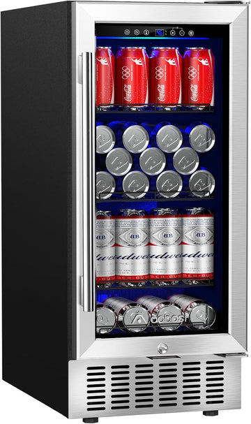 Beverage Cooler 15 Inch Hold 120 Cans,Under Counter/Freestanding Beverage Refrigerator Glass Door,Built